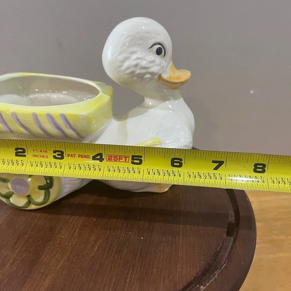 Vtg Ceramic Duck Pulling Cart Planter Kitsch Nursery Decor White Yellow 6.5in